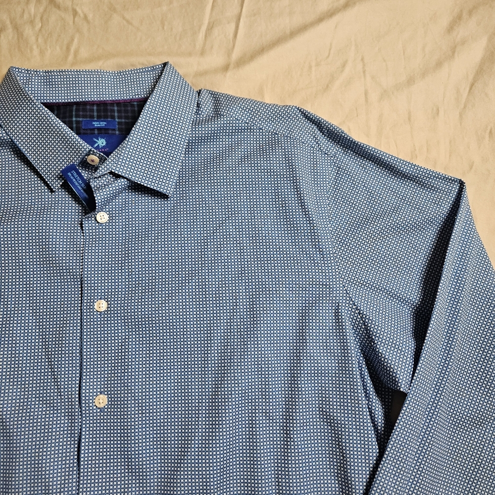 Egara XL Blue White Micro Check Non-Iron Stretch Dress Shirt NWT Contrast Cuff